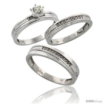 Size 6 - 10k White Gold Diamond Trio Wedding Ring Set His 5mm &amp; Hers 3.5mm  - £655.88 GBP