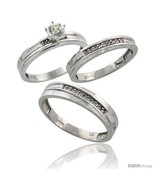 Size 6 - 10k White Gold Diamond Trio Wedding Ring Set His 5mm &amp; Hers 3.5mm  - £613.17 GBP