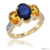 Size 6 - 10K Yellow Gold Ladies 3-Stone Oval Natural Blue Sapphire Ring with  - £563.81 GBP
