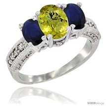 Size 8 - 14k White Gold Ladies Oval Natural Lemon Quartz 3-Stone Ring with Blue  - £743.84 GBP