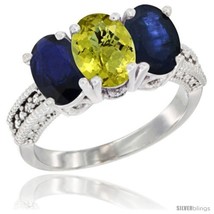 Size 6 - 14K White Gold Natural Lemon Quartz &amp; Blue Sapphire Sides Ring 3-Stone  - £658.22 GBP