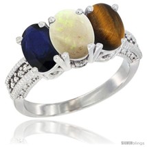 Size 10 - 14K White Gold Natural Blue Sapphire, Opal &amp; Tiger Eye Ring 3-Stone  - £606.79 GBP