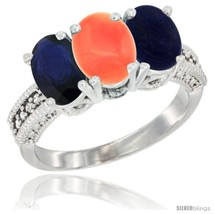 An item in the Jewelry & Watches category: Size 8.5 - 14K White Gold Natural Blue Sapphire, Coral & Lapis Ring 3-Stone 7x5 