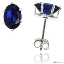Sterling Silver Cubic Zirconia Stud Earrings Sapphire Blue Oval Shape 3/4  - $17.16