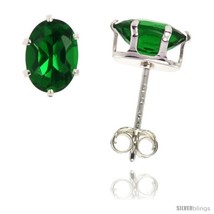 Sterling Silver Cubic Zirconia Stud Earrings Emerald Green Oval Shape 3/4  - $17.16
