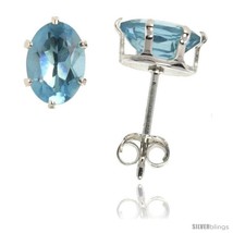 Sterling Silver Cubic Zirconia Stud Earrings Blue Topaz colored Oval Sha... - $17.16