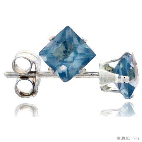 Sterling Silver Princess cut Cubic Zirconia Stud Earrings 4 mm Blue Topaz Color  - $6.34