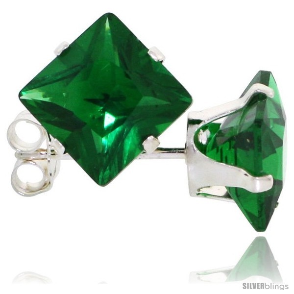 Sterling Silver Princess cut Cubic Zirconia Stud Earrings 7 mm Emerald Green  - $10.80