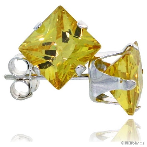 Sterling Silver Princess cut Cubic Zirconia Stud Earrings 6 mm Citrine Yellow  - $10.01