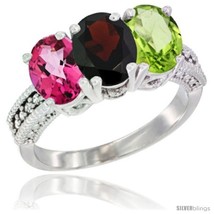 Size 9 - 14K White Gold Natural Pink Topaz, Garnet &amp; Peridot Ring 3-Stone 7x5  - £542.00 GBP