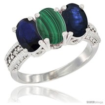 Size 7.5 - 14K White Gold Natural Malachite &amp; Blue Sapphire Sides Ring 3-Stone  - £652.24 GBP