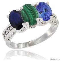 Size 8 - 14K White Gold Natural Blue Sapphire, Malachite &amp; Tanzanite Ring  - £642.58 GBP