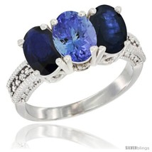 Size 5 - 14K White Gold Natural Tanzanite &amp; Blue Sapphire Sides Ring 3-Stone  - £693.70 GBP
