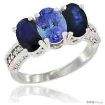 Size 6.5 - 14K White Gold Natural Tanzanite &amp; Blue Sapphire Sides Ring 3-Stone  - £688.16 GBP