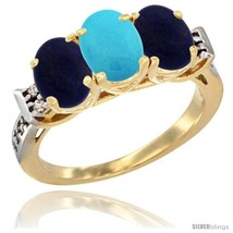 Size 8 - 10K Yellow Gold Natural Turquoise &amp; Lapis Sides Ring 3-Stone Oval 7x5  - £444.19 GBP