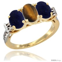 Size 9.5 - 10K Yellow Gold Natural Tiger Eye &amp; Lapis Sides Ring 3-Stone Oval  - $521.66