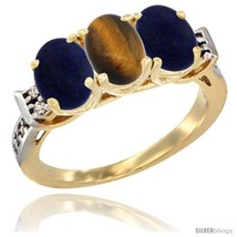 Size 10 - 10K Yellow Gold Natural Tiger Eye &amp; Lapis Sides Ring 3-Stone Oval 7x5  - £420.54 GBP