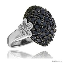 Size 9 - Sterling Silver Floral Ring, Rhodium Plated w/ 12 White & 45 Black 2mm  - £50.83 GBP