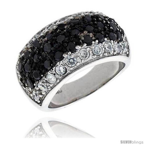 Size 9 - Sterling Silver Dome Ring, Rhodium Plated w/ 10 White & 28 Black 2mm  - £54.14 GBP