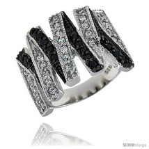 Size 9 - Sterling Silver Zigzag Ring, Rhodium Plated w/ 30 White & 18 Black  - £64.64 GBP
