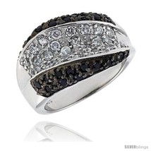 Size 7 - Sterling Silver Dome Ring, Rhodium Plated w/ 25 White & 22 Black CZ's,  - £59.67 GBP