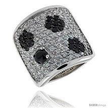 Size 9 - Sterling Silver Floral Band, Rhodium Plated w/ 2mm Black &amp; White CZ&#39;s,  - £83.38 GBP