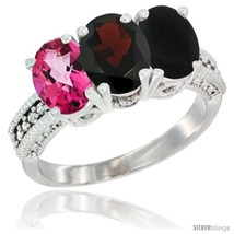 Size 5 - 14K White Gold Natural Pink Topaz, Garnet &amp; Black Onyx Ring 3-Stone  - £532.62 GBP