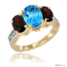 Size 9 - 10K Yellow Gold Ladies 3-Stone Oval Natural Swiss Blue Topaz Ring with  - £501.66 GBP