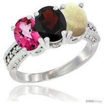 Size 9 - 14K White Gold Natural Pink Topaz, Garnet &amp; Opal Ring 3-Stone 7x5 mm  - £541.31 GBP