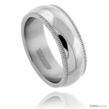 Size 13.5 - Titanium 7mm Dome Millgrain Wedding Band Ring Highly Polished  - £61.55 GBP