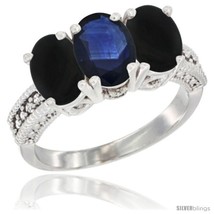 Size 6 - 14K White Gold Natural Blue Sapphire &amp; Black Onyx Sides Ring 3-Stone  - £602.15 GBP