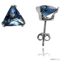 Sterling Silver Cubic Zirconia Stud Earrings 7 mm Triangle Shape Blue Topaz  - $18.22