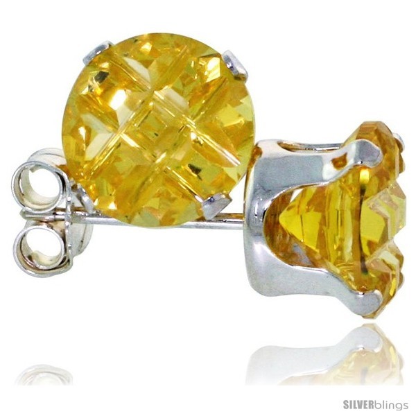Sterling Silver Cubic Zirconia Stud Earrings Citrine Yellow Color Invisible Cut  - $10.40
