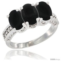 Size 7.5 - 14K White Gold Natural Black Onyx Ring 3-Stone 7x5 mm Oval Diamond  - £549.58 GBP