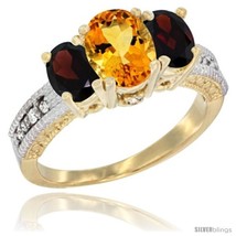 Size 6.5 - 10K Yellow Gold Ladies Oval Natural Citrine 3-Stone Ring with Garnet  - £432.63 GBP