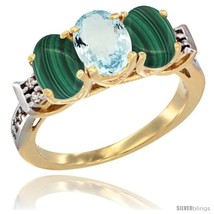 Size 7 - 10K Yellow Gold Natural Aquamarine &amp; Malachite Sides Ring 3-Stone Oval  - £452.14 GBP