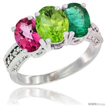 Size 6.5 - 14K White Gold Natural Pink Topaz, Peridot &amp; Emerald Ring 3-Stone  - £611.08 GBP