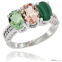 Size 9.5 - 10K White Gold Natural Green Amethyst, Morganite &amp; Malachite Ring  - £459.52 GBP