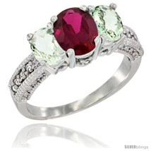 Size 5 - 10K White Gold Ladies Oval Natural Ruby 3-Stone Ring with Green  - £429.92 GBP