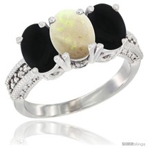 Size 5.5 - 14K White Gold Natural Opal &amp; Black Onyx Sides Ring 3-Stone 7x5 mm  - £556.01 GBP