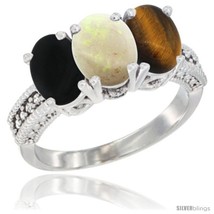 Size 9 - 14K White Gold Natural Black Onyx, Opal &amp; Tiger Eye Ring 3-Stone 7x5  - £546.97 GBP