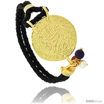 Gold plated black braided leather bracelet tri colored beads 1 1 8 in diameter 7 5 ines thumb200