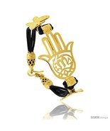 Sterling Silver Islamic HAND OF FATIMA Gold Plated Black Braided Leather  - £71.62 GBP