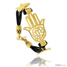 Sterling Silver Islamic HAND OF FATIMA Gold Plated Black Braided Leather  - £71.86 GBP
