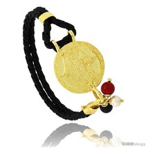 Sterling Silver Islamic HAND OF FATIMA Gold Plated Black Braided Leather  - £67.46 GBP