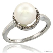 Size 9 - 10k White Gold Halo Engagement 8.5 mm White Pearl Ring w/ 0.022 Carat  - £201.33 GBP