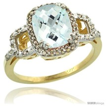 Size 9 - 14k Yellow Gold Diamond Aquamarine Ring 2 ct Checkerboard Cut Cushion  - $821.82