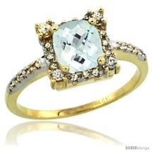 Size 8 - 14k Yellow Gold Diamond Halo Aquamarine Ring 1.2 ct Checkerboard Cut  - £442.87 GBP