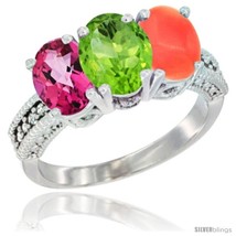 Size 6 - 14K White Gold Natural Pink Topaz, Peridot &amp; Coral Ring 3-Stone 7x5 mm  - £565.44 GBP