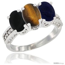 Size 8.5 - 14K White Gold Natural Black Onyx, Tiger Eye &amp; Lapis Ring 3-Stone  - $687.53